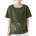 thumbnail image 3 of T-shirts en Lin à Col Rond Oversize pour Femmes, Manches Courtes, T-Shirts en Coton, Imprimé Floral, à Boutons, Blouses Tendance, 3 of 7