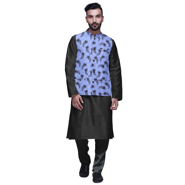 Atasi Ethnic Dupion Silk Kurta Pyajama Set With Printed Nehru Jacket For Mens