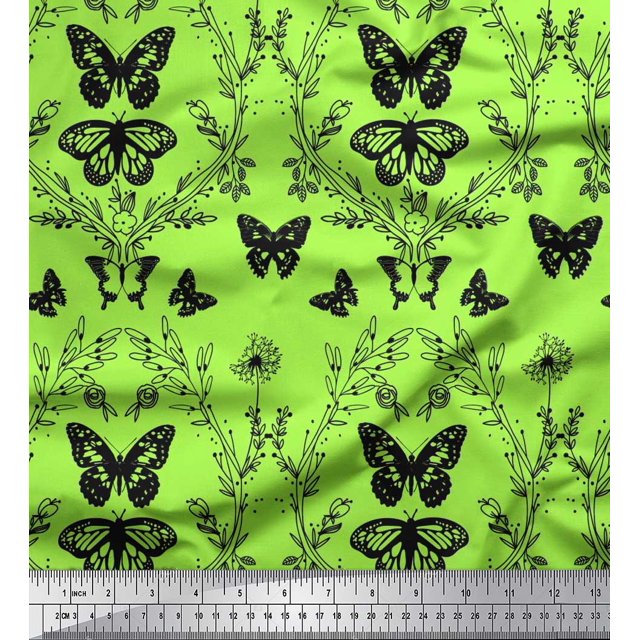 Soimoi Polyester Crepe Fabric Leaves,Floral & Butterfly Print Fabric by Yard 52 Inch Wide