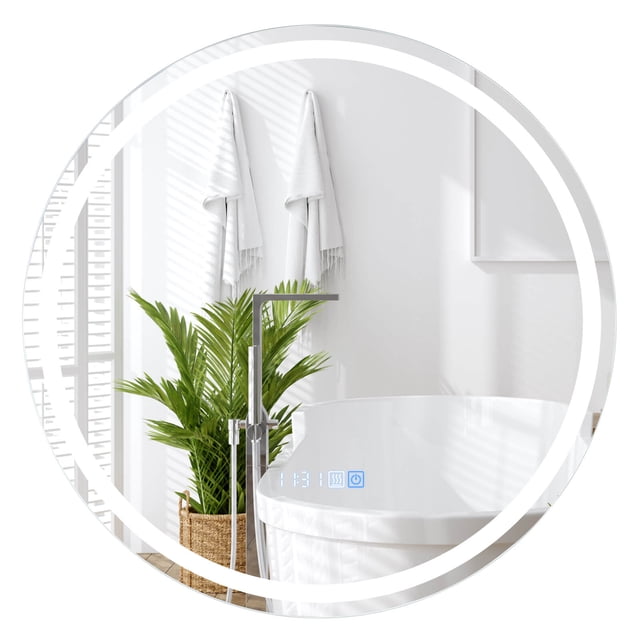 Costway 32"x32" LED bathroom mirror with 3-color dimmable lights, time and temperature display, and anti-fog function. The mirror features frontlit and backlit LED lighting, adjustable brightness, and a memory function to save settings. Made of high-quality 5 mm silver glass, it provides a clear reflection and modern design. Shown in a bright bathroom setting with white towels, a potted plant, and a bathtub in the background.