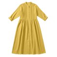 thumbnail image 4 of Robes Maxi en Coton et Lin pour Femmes, Robe Tunique à Boutons Col Ras du Cou Manches Longues Plissée Ligne a Fluide Longues Robes Robes à Oeillets pour Femmes Jaune P, 4 of 9