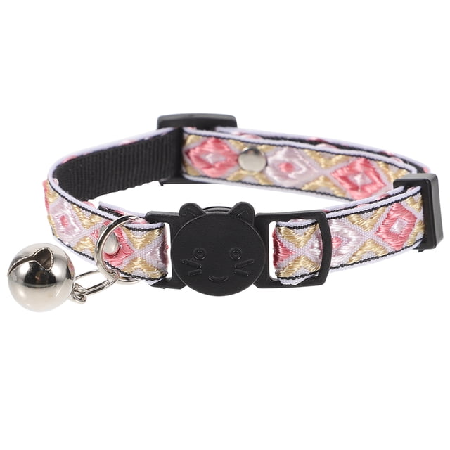 Cat Collar Ethnic Style Cat Collar with Bell Adjustable Kitten Collar Pet Collar. This pink polyester collar features an ethnic-style pattern with a black cat-shaped buckle and an attached silver bell. Adjustable and lightweight, it is designed for comfort and daily wear, suitable for parties, photos, and special occasions.