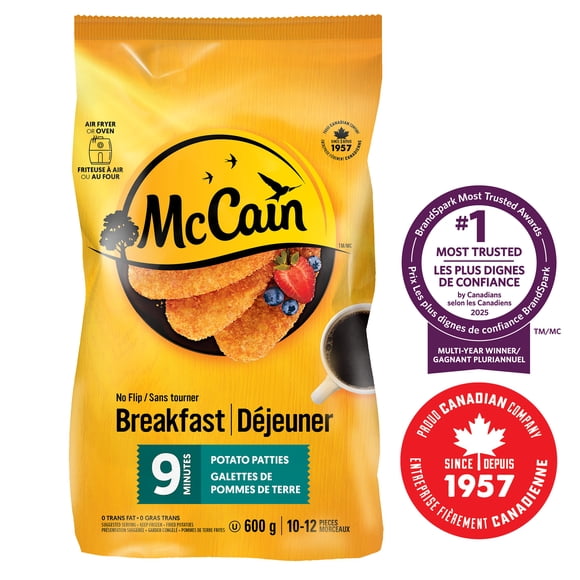 McCain® 9 Minute No Flip Potato Patties, Made in Canada from domestic and imported ingredients, 600g
