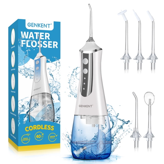 GENKENT Hydropulseur pour Dents, Hydropulseur Dentaire Sans Fil 3 Modes 5 Embouts Rechargeable, Blanc