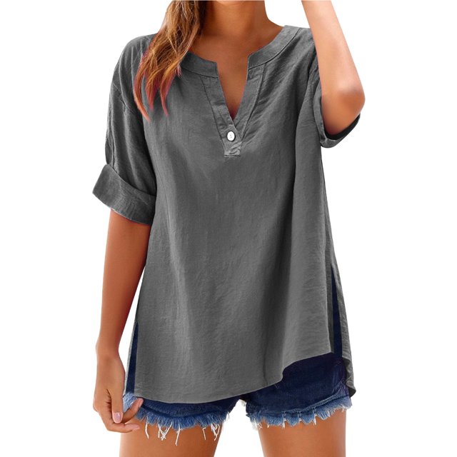 Baberdicy Oversized Collar Shirts - Women's Loose Fit Solid Color Tops (Breathable Linen, Office to Weekend) Grey M