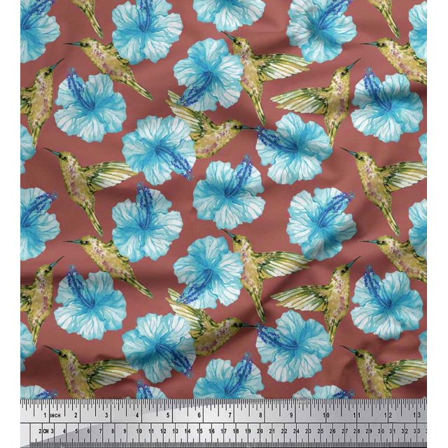 Soimoi Poly Georgette Fabric Hummingbird & Floral Print Fabric by the Yard 52 Inch Wide