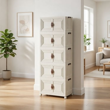 Toytexx Armoire de Rangement Pliable à 6 Niveaux avec Roues, Organisateur Empilable en Plastique avec Portes Magnétiques, Étagère de Rangement Verticale Mince pour Chambre, Bureau, Cuisine, Blanc