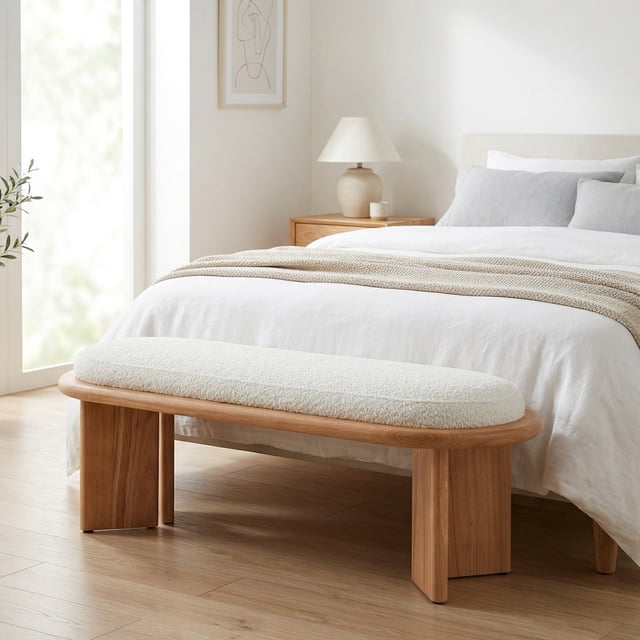 Noble House 46.85" Solid Wood End of Bed Bench,Upholstered Entryway,Beige