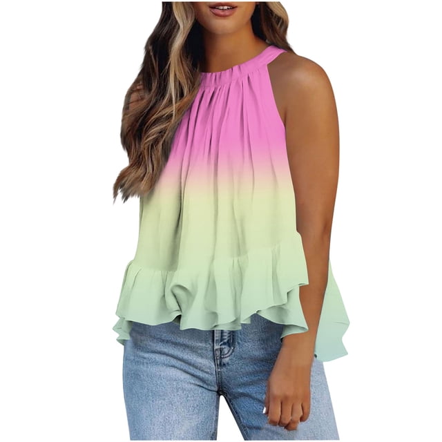 Weiqiqre Womens Tops Adjustable Tie Neckline Ruffle Hem Sleeveless Flowy Halter Tops