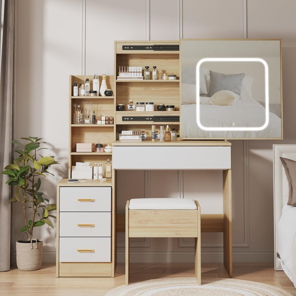 Vanity Desk with Mirror and Led Lights, Makeup Vanity Desk with Sliding Lighted Mirror, Charging Station, Dressing Table with 4 Drawers, Storage Shelves & Cushioned Stool for Bedroom, White