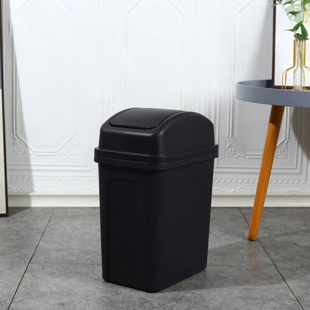 EGNMCR Trash Can Kitchen Trash Can Household Garbage Cans, a black plastic garbage bin with a large capacity and shaking lid design. Features include a pressure ring to secure garbage bags and a 360° rocking lid for easy opening and closing, minimizing odors. Suitable for kitchens, living rooms, and bathrooms, shown in a modern indoor setting with tiled flooring and decorative furniture.