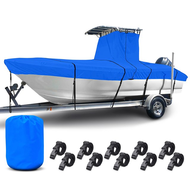 NEH T-Top Boat Cover 22-24ft, Thick Heavy Duty Fabric, Fade-Proof, Rip Resistant, Waterproof, Trailerable, Hard Top Center Console Cover, Pacific Blue