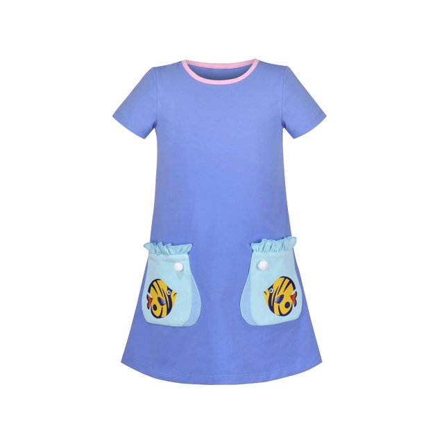 Robe T-Shirt Fille Poisson Grande Poche Manches Courtes Coton Décontractée 4 Ans