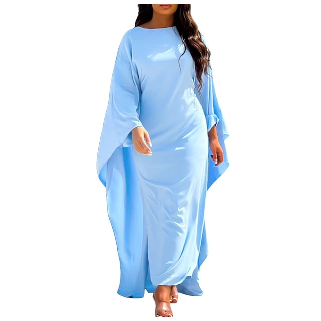Kcodviy Robe de Soirée en Satin Robe Hijab Abaya Muslim Femmes Hijab Élégant pour Femmes Visage Complet Uni Col Rond Chauve-Souris Foulards pour Femmes Manches Robe Maxi Ample Long Hijab Femmes
