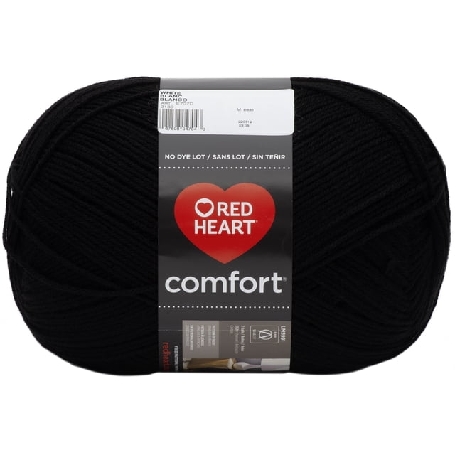Red Heart® Comfort® Yarn solid black acrylic medium worsted weight yarn ball with black label and red heart logo, suitable for knitting and crochet projects with 18 stitches by 24 rows gauge per 4 inches.