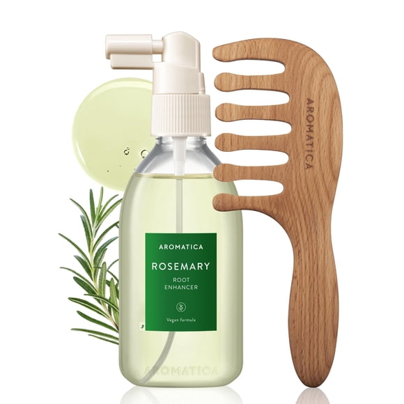 AROMATICA Rosemary Root Enhancer & Wooden Scalp Massager Set - Hair Scalp Massager with Rosemary Water Scalp Serum for Hair Growth, hair care for women