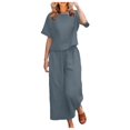 thumbnail image 1 of CHOK Ensemble 2 Pcs pour Femme en Lin, Haut Court à Manches Courtes, Ensemble de Détente Assorti et Pantalon Long, Survêtement Rose Vif G, 1 of 5
