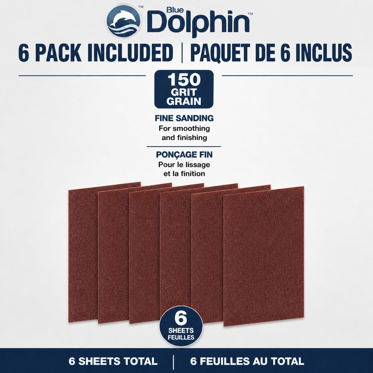 Blue Dolphin Aluminum-Oxide Sandpaper 150 Grit 3 2/3" x 9" Sheet (6 pack)