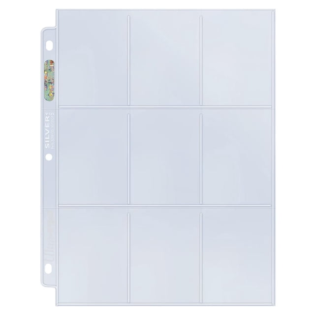 Ultra PRO Silver Series 9-Pocket Refill Pages for Standard Size Cards 50ct showing a clear, acid-free, archival-safe polypropylene sheet with nine pockets arranged in three rows and three columns, sealed spine with Ultra PRO hologram, and three-hole punched edge for 3-ring binders, suitable for protecting and organizing 2-1/2 by 3-1/2 inch sports and gaming trading cards, artist sketch cards, and sticker cards.