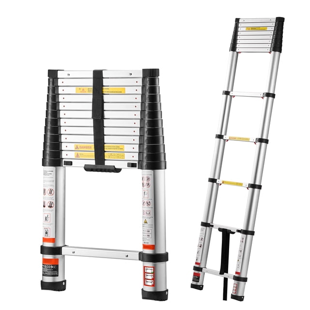 KFFKFF 12.5ft Telescoping Ladder, Aluminum Lightweight Multi-Purpose Collapsible Extension, One-Touch Retraction Ladder, Heavy Duty 330LBS Max Capacity