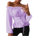 thumbnail image 2 of Mikilon Women's Long Sleeve Off-Shoulder Ruffled Elastic Tie Tunic Tops, 2 of 9