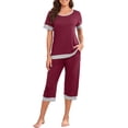 thumbnail image 2 of Mikilon Pyjama Décontracté pour Femmes, Ensemble de Sommeil Décontracté Ample Uni à Col Rond, Manches Courtes, 7 Pantalons, Ensemble pour la Maison, Pantalon de Pyjama, Funky, Confortable, Haut/chemise à Manches Courtes à Col Rond, Rouge, TP, 2 of 9