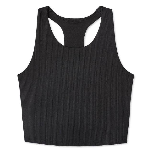 Athletic Works Soutien-gorge Long pour Filles en Noir avec Tricot Côtelé en interlock et Technologie d'Évacuation de l'Humidité DRI-MORE, Encolure Ras du Cou, Bretelles Épaisses, Dos Nageur et Ourlet Droit, Convient aux Vêtements d'Entraînement et à Superposer sous les Hauts.