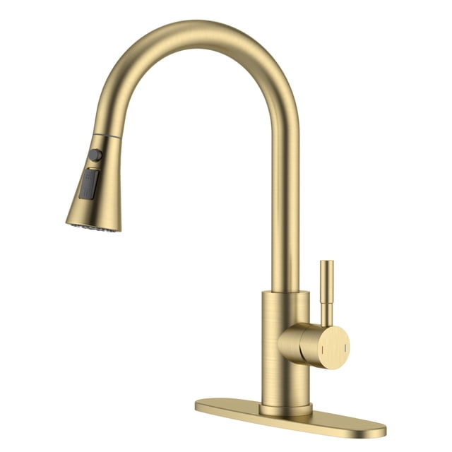 APPASO Kitchen Faucet with Pull Down Sprayer in brushed gold finish, featuring a stainless steel design with a 360° swivel nozzle, 3-mode sprayer, and honeycomb aerator for clean water flow. Includes a single handle, deck plate, and pull-down hose for full sink coverage. Suitable for single-hole or three-hole installation, ideal for faucet-mounted filtration systems.