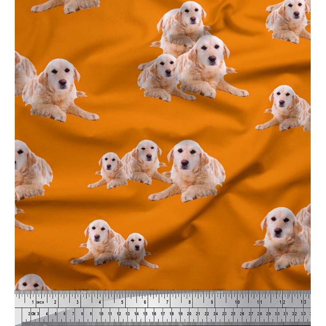 Soimoi Polyester Crepe Fabric Golden Retriever Dog Print Sewing Fabric Yard 42 Inch Wide