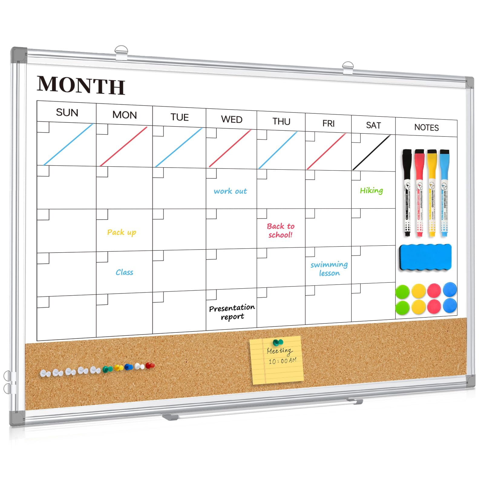 QUEENLINK Dry Erase Calendar Board for Wall, 24"x18" Magnetic Whiteboard Calendar Double-Sided Monthly White Board with Cork Board, Aluminum Frame Memo Mes