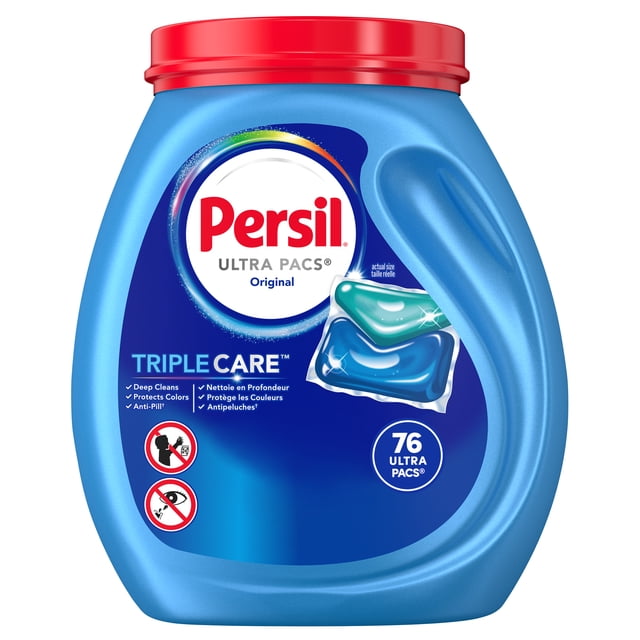 Persil TripleCare™ Ultra Pacs Deep Clean Laundry Detergent, Original 76 Count front-facing retail box of 76 single-dose pacs in blue-and-white packaging with Persil logo and TripleCare™ label; packaging text notes deep clean, colour care and anti-pilling; suitable for cold-water and HE machines. Often used for quick gym or travel loads.