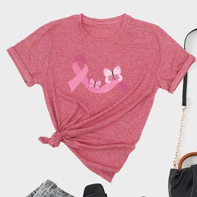 TIMIFIS Chandails de Sensibilisation au Cancer du Sein pour Femmes Été Ample Imprimé T-Shirt à Col Rond Manches Courtes Blouse Décontractée Automne/hiver