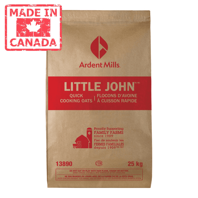 Ardent Mills Gruau à Cuisson Rapide, Little John, Sac de 25 kg avec Marque Rouge et Texte Bilingue. Fabriqué au Canada, Ces Gruaux d'Avoine en Vrac Sont Roulés à Partir de Gruaux d'Avoine Propres, Décortiqués et Stabilisés, Parfaits pour les Biscuits, les Céréales, les muffins et les Produits de Boulangerie. les dimensions d'Emballage Sont 6 x 20 x 36 Pouces.