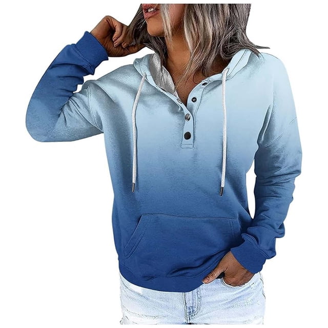 WEAIXIMIUNG Sweatshirts for Women Trendy Graphic Women's Autumn and Winter Fashionable Street Style Gradually Changing Color Button Collar Pocket Drawstring Casual Sports Hoodie (3)