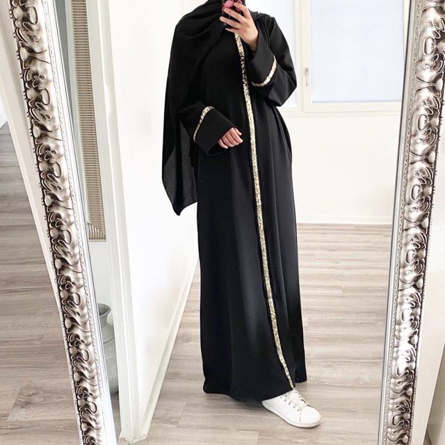 Robes pour Femmes Couleur Unie Manches Longues Bouffantes Col Rond Maxi Robe d'Été Décontractée Musulmane Noire m
