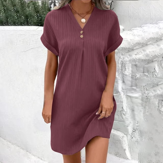 FcBaudy Robe à Manches Courtes Col en V Longueur Genou, Robes d'Été pour Femmes, Robes Décontractées pour Femmes Col Rond Manches Courtes avec Poches Fendue à Ourlet Croisé Robe pour Femmes