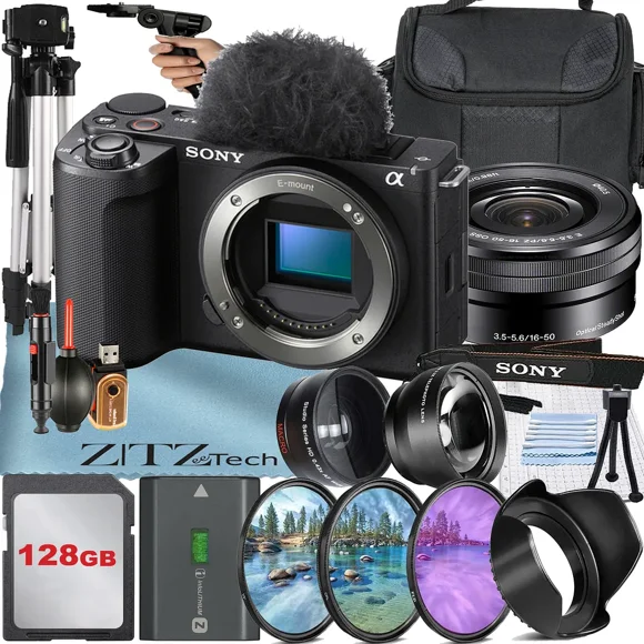 Sony ZV-E10 II Appareil Photo Sans Miroir (Noir) avec Objectif 16-50mm + Carte 128 Go + Étui + Grand-Angle + Téléobjectif + Ensemble d'Accessoires ZeeTech