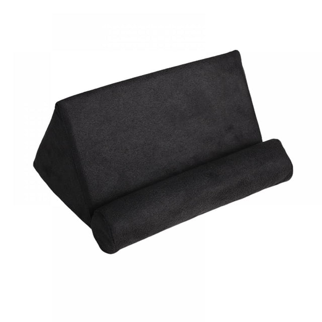 Book Couch iPad Stand, Tablet Stand and Book Holder with a triangular black microfiber cushion. This reading pillow doubles as a tablet holder, compatible with eReaders, smartphones, and tablets. Perfect for comfortable use on beds, sofas, armchairs, or during travel.