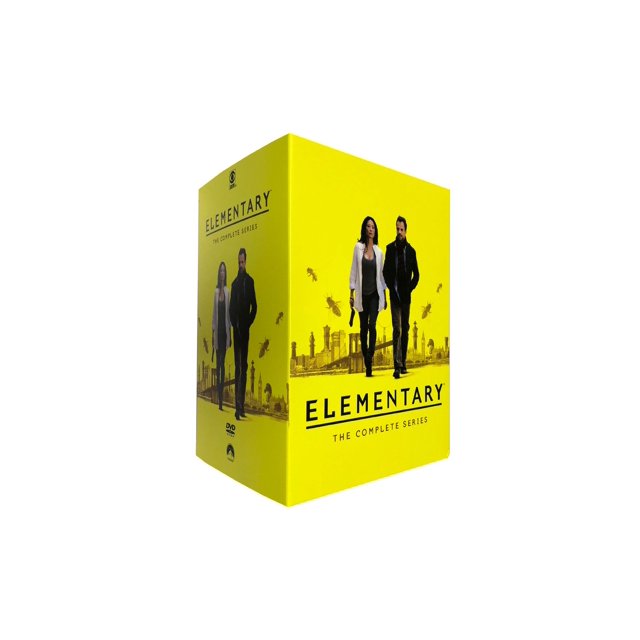Elementary la Série Complète (DVD) Coffret Mettant en Vedette une Couverture Jaune Vif avec des silhouettes de Sherlock Holmes et du Dr Joan Watson contre une skyline de New York. Comprend 153 Épisodes sur 40 Disques, Totalisant 109 Heures de Contenu Mystère Suspensif.