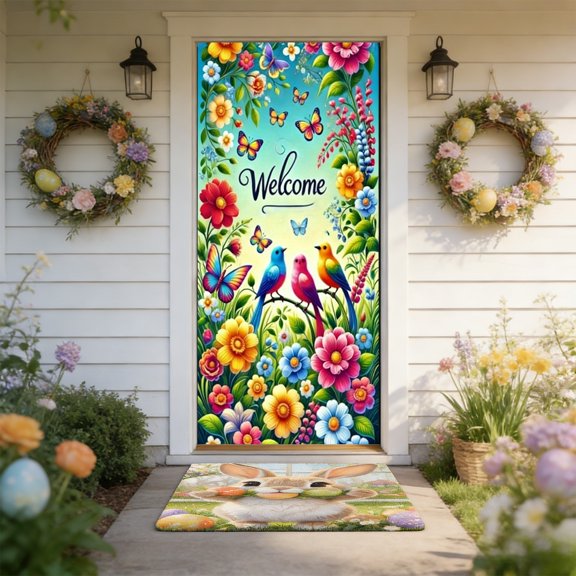 Easter Day Door Cover or Door Curtain | Decorative Holiday Door Décor | Festival Party Decoration for Front Door, Wall, or Tablecloth | Polyester Fabric with Rope and Adhesive Tape