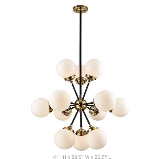 Black and Gold Pendant With 12 Lights chandelier featuring twelve frosted white glass globes on black metal arms with gold accents, designed for ceiling mounting in living rooms, entryways, or dining rooms, made of sturdy metal and glass.