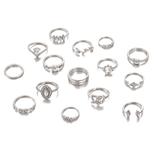 15Pcs/Set Women Punk Vintage Knuckle Rings featuring a mix of tribal, ethnic, and hippie-inspired designs. Made from alloy with a silver finish, this set includes 15 rings in various shapes and sizes, suitable for layering or wearing individually. Ideal for pairing with diverse outfits and perfect for vacations or casual wear. The rings are lightweight, weighing 30g, and come in a compact package measuring approximately 6 x 6 x 0.5 cm.
