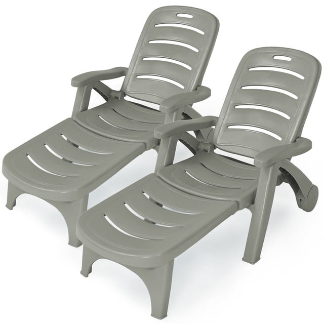 Patiojoy 2 PCS Patio Chaise Lounge Chair in gray, made of durable PP material with a 5-position adjustable backrest. This folding patio recliner features smooth wheels for easy transport and a stable triangular structure supporting up to 300 lbs. Perfect for outdoor lounge chairs in backyards, poolside, or beaches.