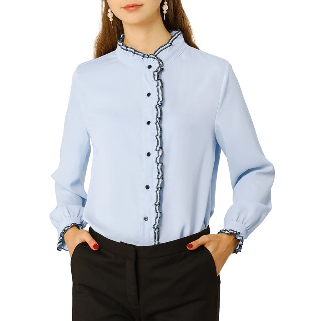 INSPIRE CHIC Women's Button Down Office Ruffle Stand Collar Long Sleeve Work Shirt
