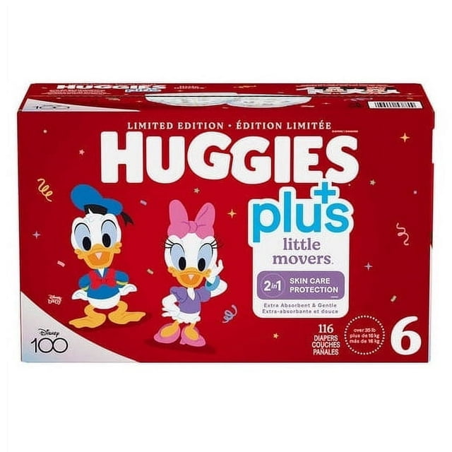 Huggies Little Movers Plus Diapers, Sizes 6, 116 diapers in a red box featuring Disney characters Donald Duck and Daisy Duck. The packaging highlights 2-in-1 skin care protection, extra absorbency, and a secure fit for active babies weighing over 35 lbs (16+ kg).
