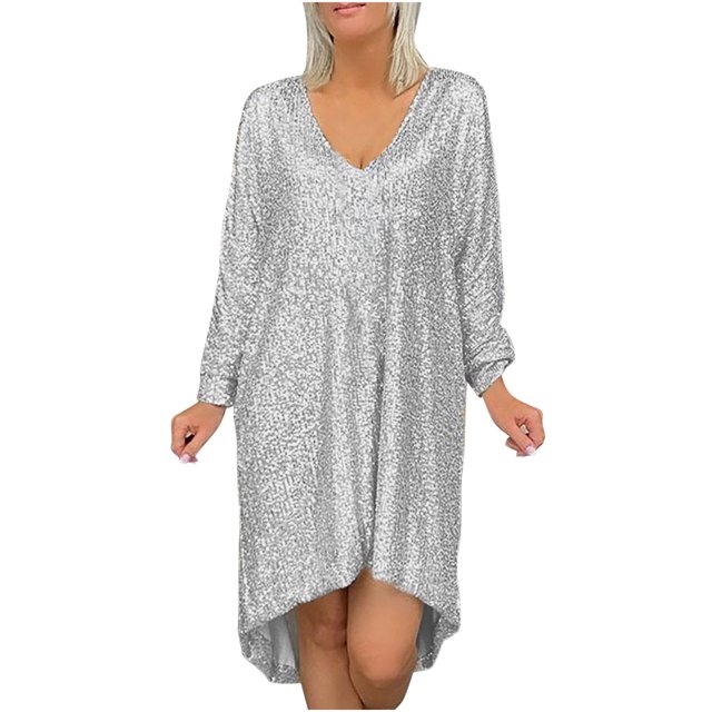RKSTN Robes de Retour à la Maison pour Femmes Grande Taille à Paillettes Col en V Manches Longues Robe Longueur Genou Mode d'Automne Robes d'Invitée de Mariage Robe de Cocktail