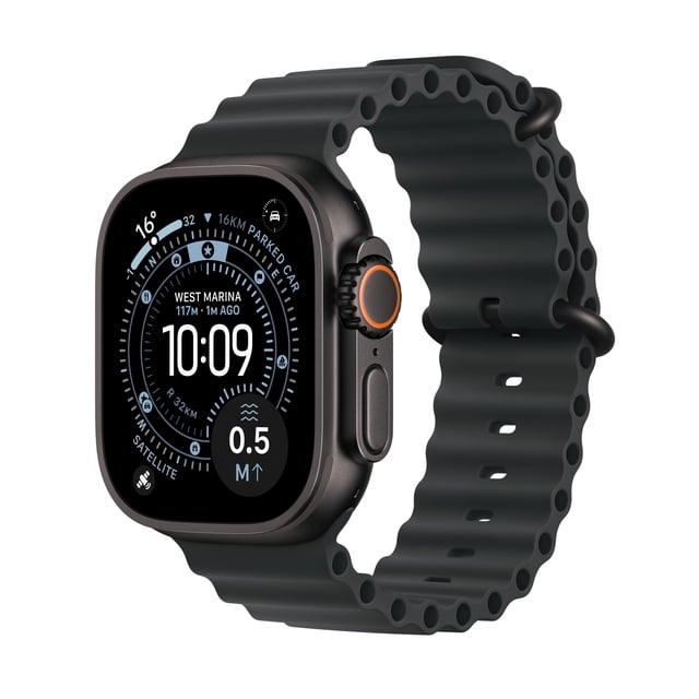 Apple Watch Ultra 3 GPS + Cellular 49mm Black Titanium Case with Black Ocean Band shown in a 3/4 profile view with a matte black titanium case and perforated black ocean sport band. The display features GPS navigation, time, temperature, satellite signal, and distance metrics. The digital crown has an orange accent ring. Ideal for outdoor sports and adventure tracking with advanced health and location features.