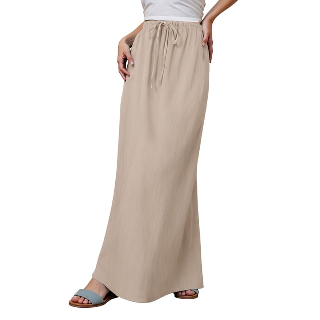 GPOECD Linen Maxi Skirts For Women Summer Comfortable Drawstring Waist A Line Boho Long Flowy Skirt