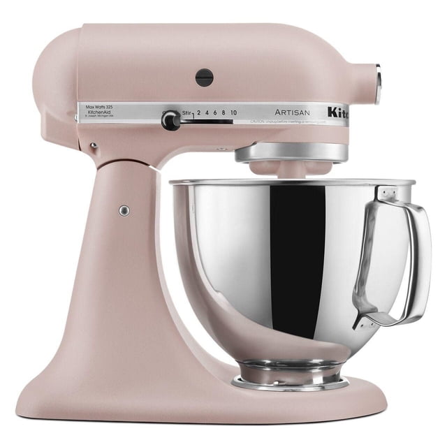 KitchenAid® Artisan® Series 5-Quart Tilt-Head Stand Mixer in soft pink with a 5-quart stainless steel bowl featuring a handle, tilt-head design for easy bowl access, and a 10-speed control lever from stir to 10, ideal for mixing, kneading, and whipping.