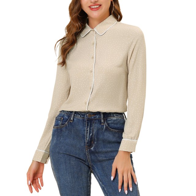 INSPIRE CHIC Women's Printed Long Sleeve Piped Button Down Shirts S Khaki